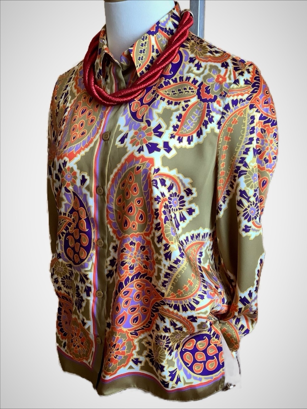 ZARA Paisley Print Satin Blouse Retro 70s Button Up Top Size M